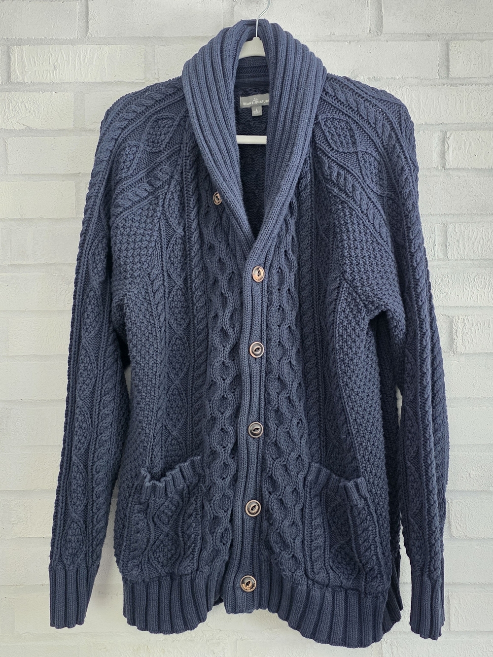 LL Bean Signature Cotton Cable KnSignature Navy Cable-Knit Shawl Collar Cardigan